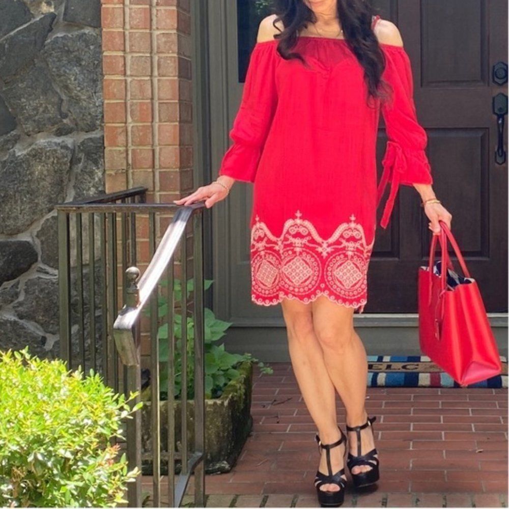 Red Off Shoulder Embroidered Hemline Boho Dress
